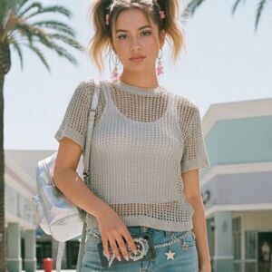 Bar III, Metallic Open Knit Short Sleeve Top, Size XS, (NWT w/Flaw) (Y2K Mesh)